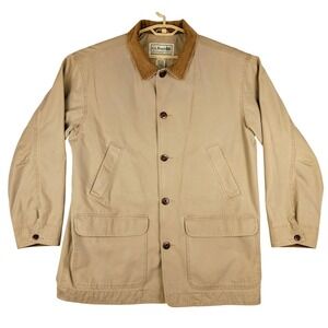 L.L.Bean Mens Canvas Barn Chore Coat Jacket Corduroy Collar Khaki Beige Large L